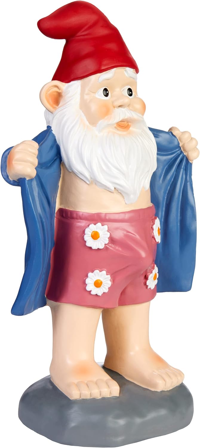 BRUBAKER Gartenzwerg mit Ständer - Perverser Zwerg mit Bademantel und Blümchen Unterhose - Gartenfig