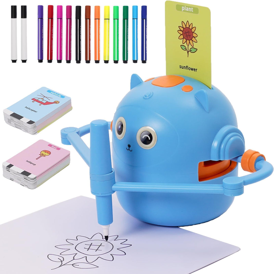 Malroboter für Kinder, Zeichenroboter Kinder mit Sprachanleitung, 100 Karten & 14 Stift, Mal-Roboter