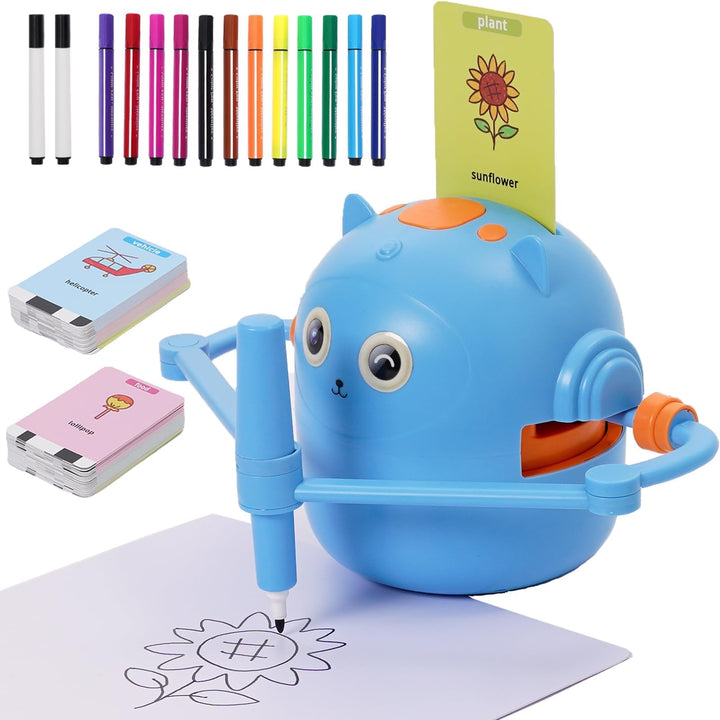 Malroboter für Kinder, Zeichenroboter Kinder mit Sprachanleitung, 100 Karten & 14 Stift, Mal-Roboter