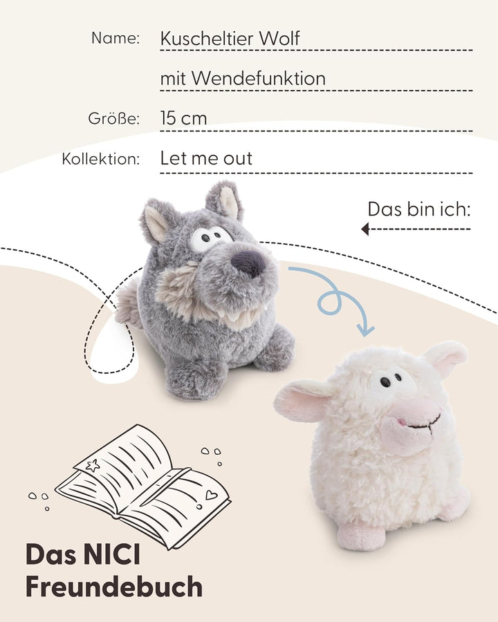 NICI Kuscheltier Wolf mit Wendefunktion 15cm 2 in 1 - grau - Weiches NICI-Plüschtier – Ideal zum Kus