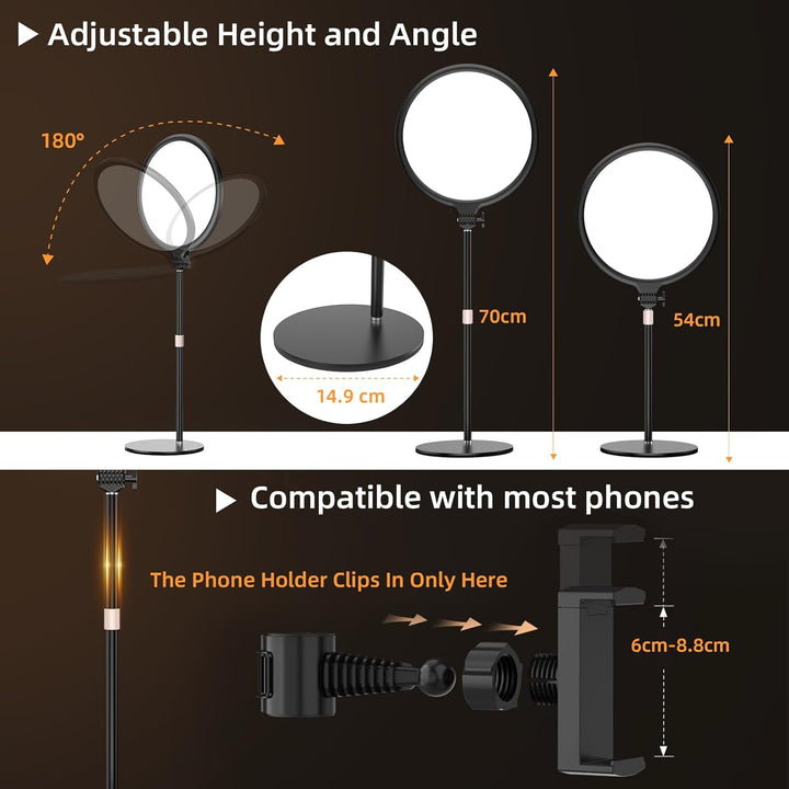 LUXCEO Key Light,10" Selfie Licht Set mit Ständer und Telefonhalter,10W 3000-6000K Dimmbares Vollbil