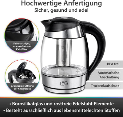 T24 Glas Wasserkocher 1,8 L Temperaturwahl 60-100°C mit Teesieb 2200 Watt, Borosilikatglas Teekocher