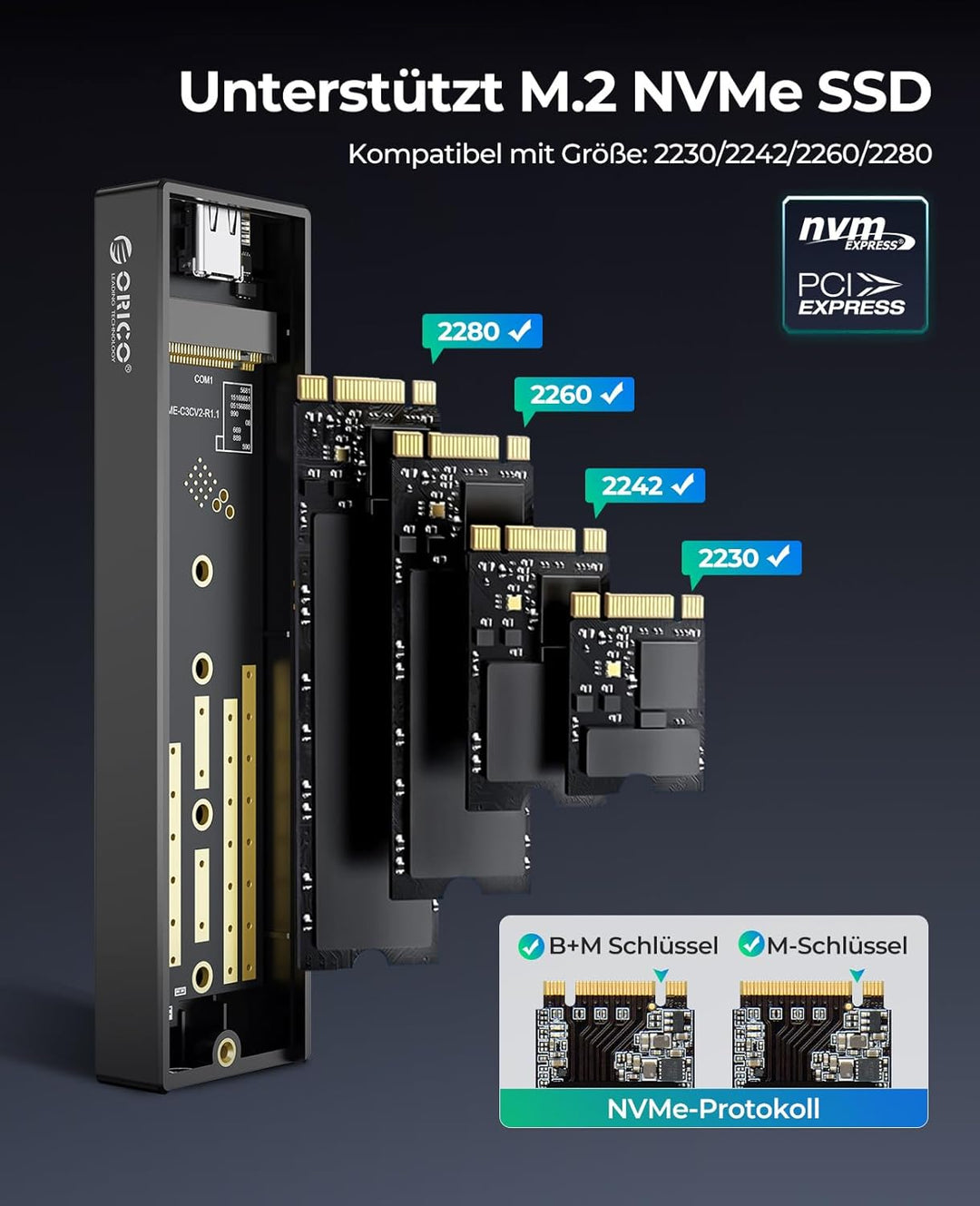 ORICO M.2 NVMe SSD Gehäuse USB-C Adapter 10Gbps USB3.2/ USB3.1 Gen2 für PCIe NVMe M-Key/M+B Key SSD,