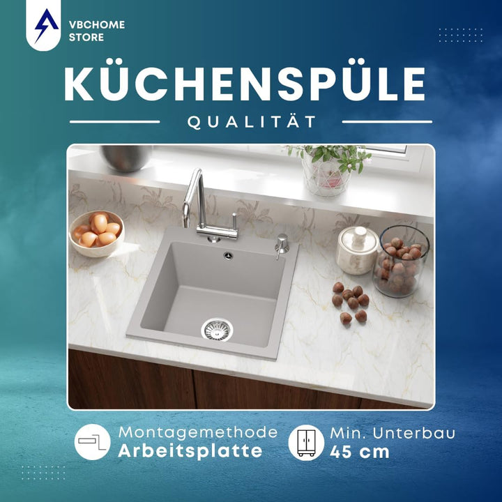 VBChome Granitspüle 50 x 48 cm Grau mit flexibler Armatur Einzelbecken Einbauspüle Gesprenkelt Pfleg