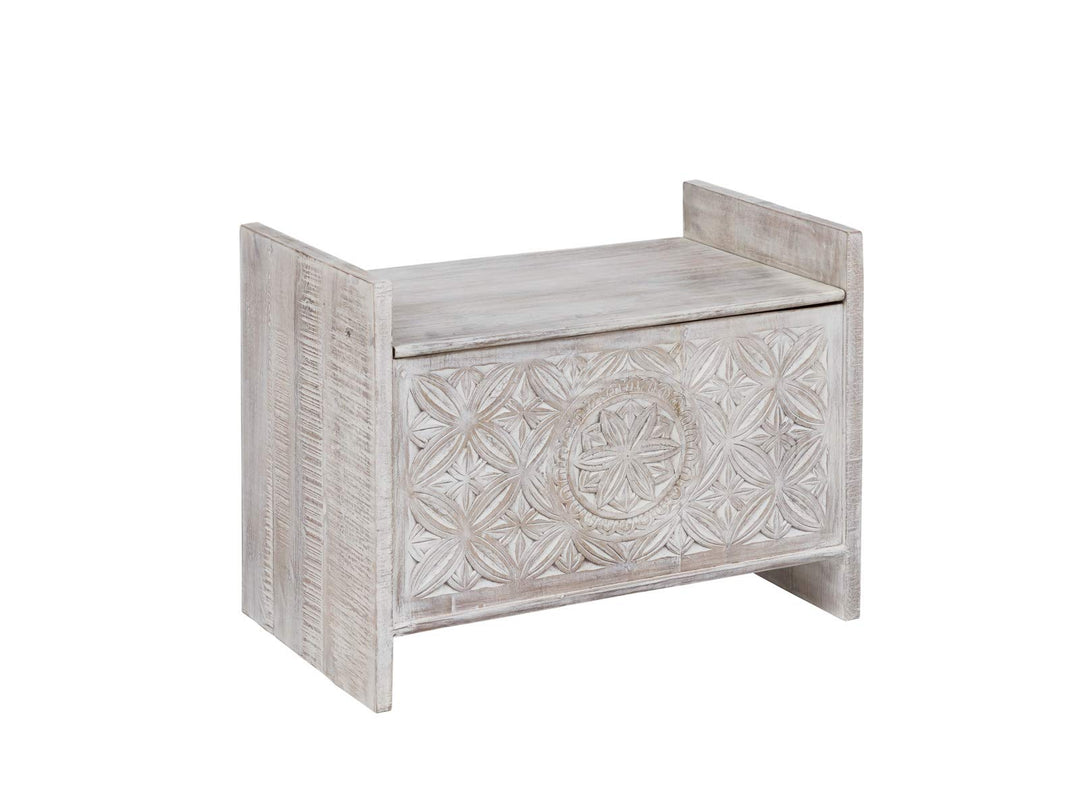 Woodkings® Sitzbank Mackay, Mangoholz massiv, Flurmöbel Vintage weiss, Schuhschrank, Truhe, Holzbank