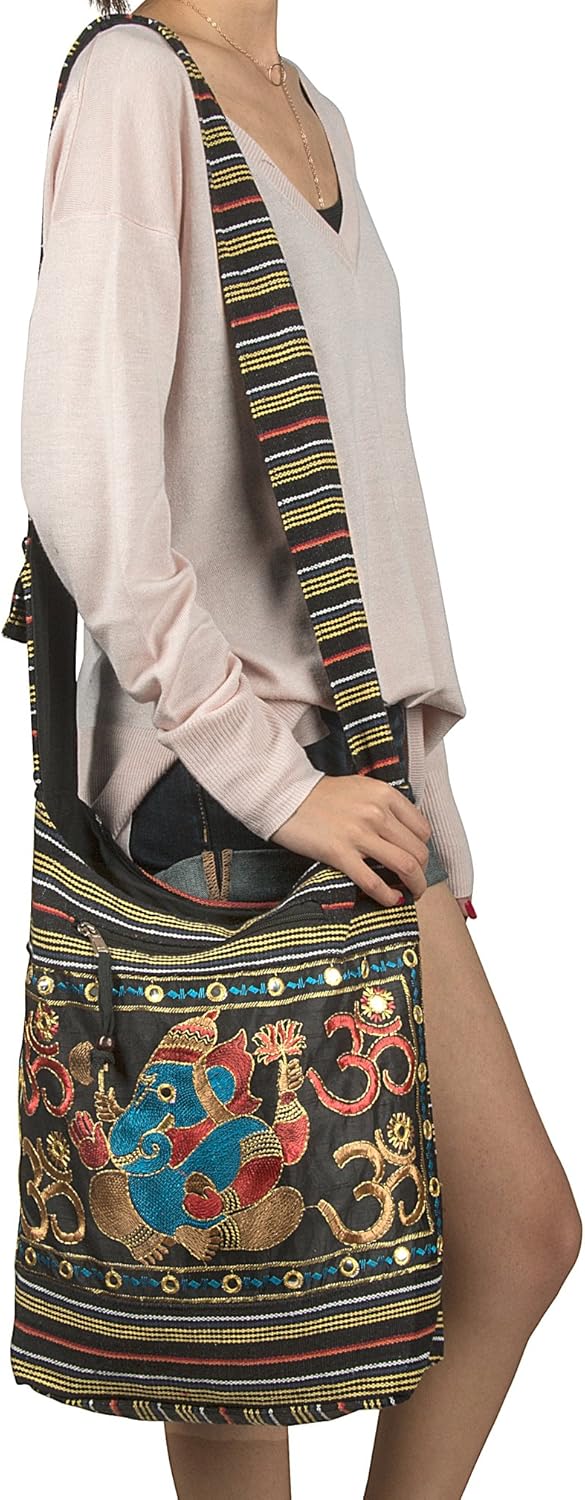 Tribe Azure Fair Trade Damen Hobo OM Schwarz Kreuz Body Schulter Tasche Elefant Bestickt Schule Allt
