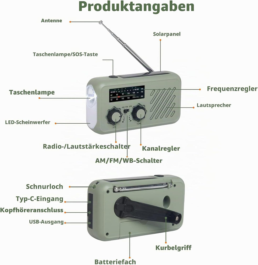 Kurbelradio Solar Kurbel Notfall Radio AM/FM Dynamo Notfallradio mit 2000 mAh Powerbank LED Licht fü