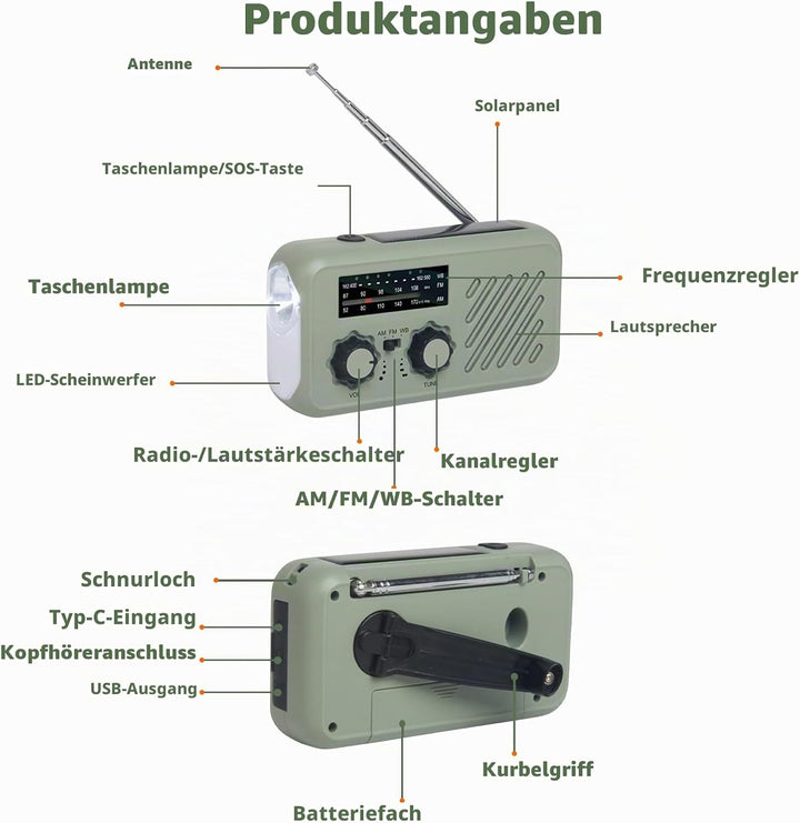 Kurbelradio Solar Kurbel Notfall Radio AM/FM Dynamo Notfallradio mit 2000 mAh Powerbank LED Licht fü