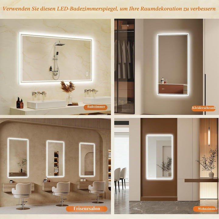 Badspiegel-mit-Beleuchtung 70x100cm: LED Badezimmer-Spiegel Badezimmerspiegel mit Beschlagfrei, Touc