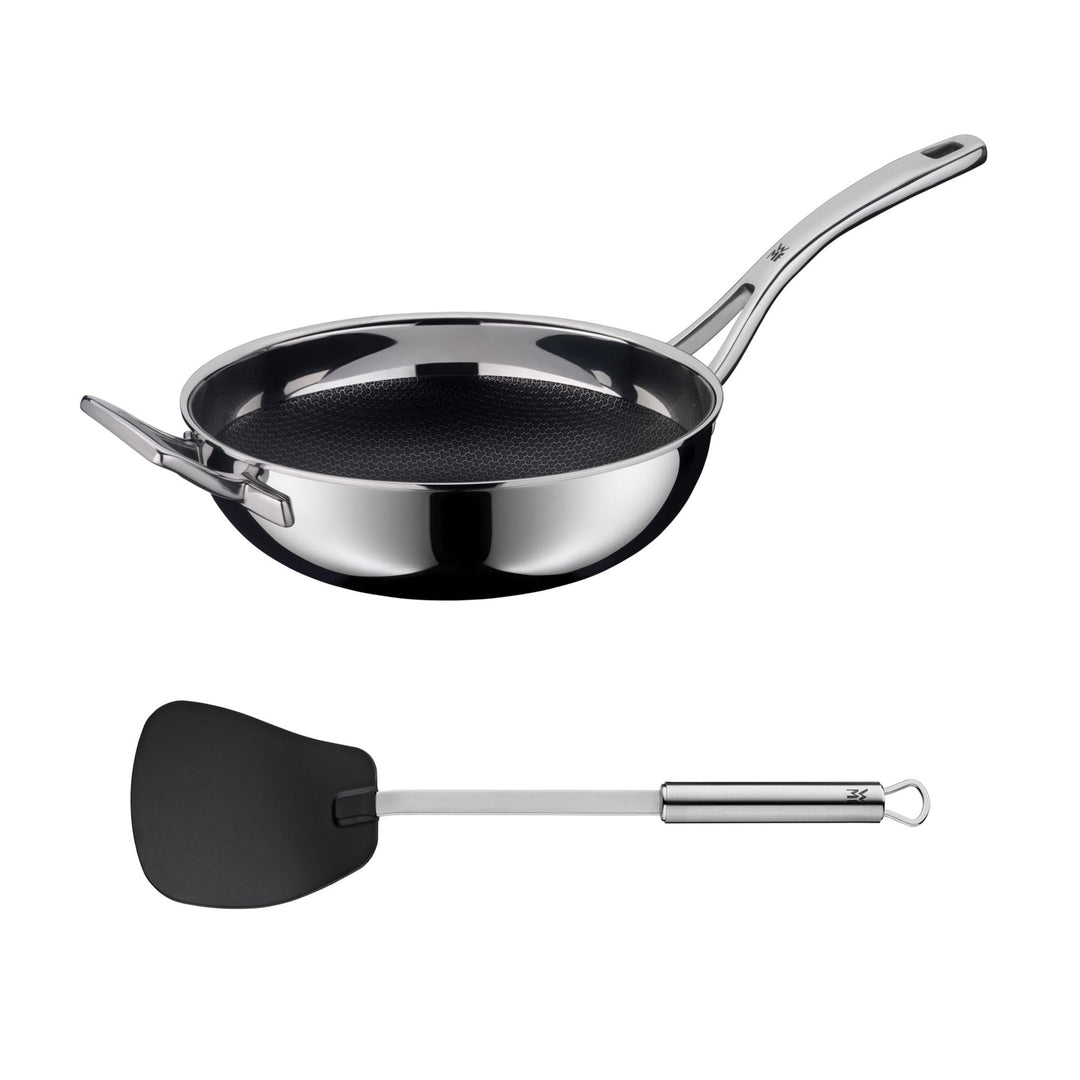 WMF Set 2-teilig Profi Resist Wokpfanne 28 cm, Wokpfanne Induktion, Mehrschichtmaterial vollbeschich