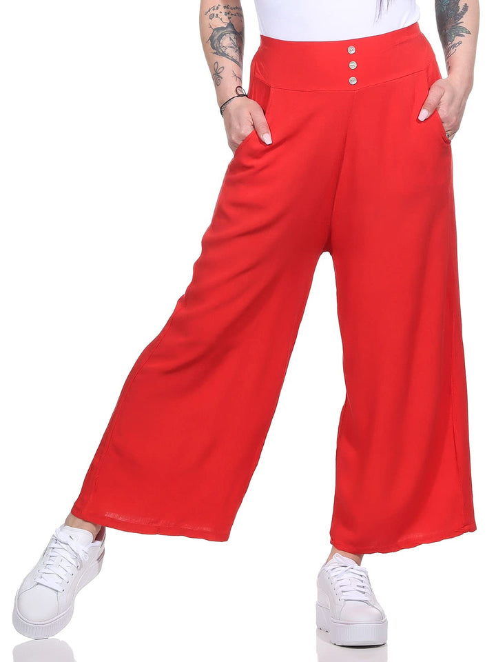 Damen Hose Marlenehose Palazzo luftige Sommerhose Boho Hippie 7/8 Schlaghose, 36-40 Rot