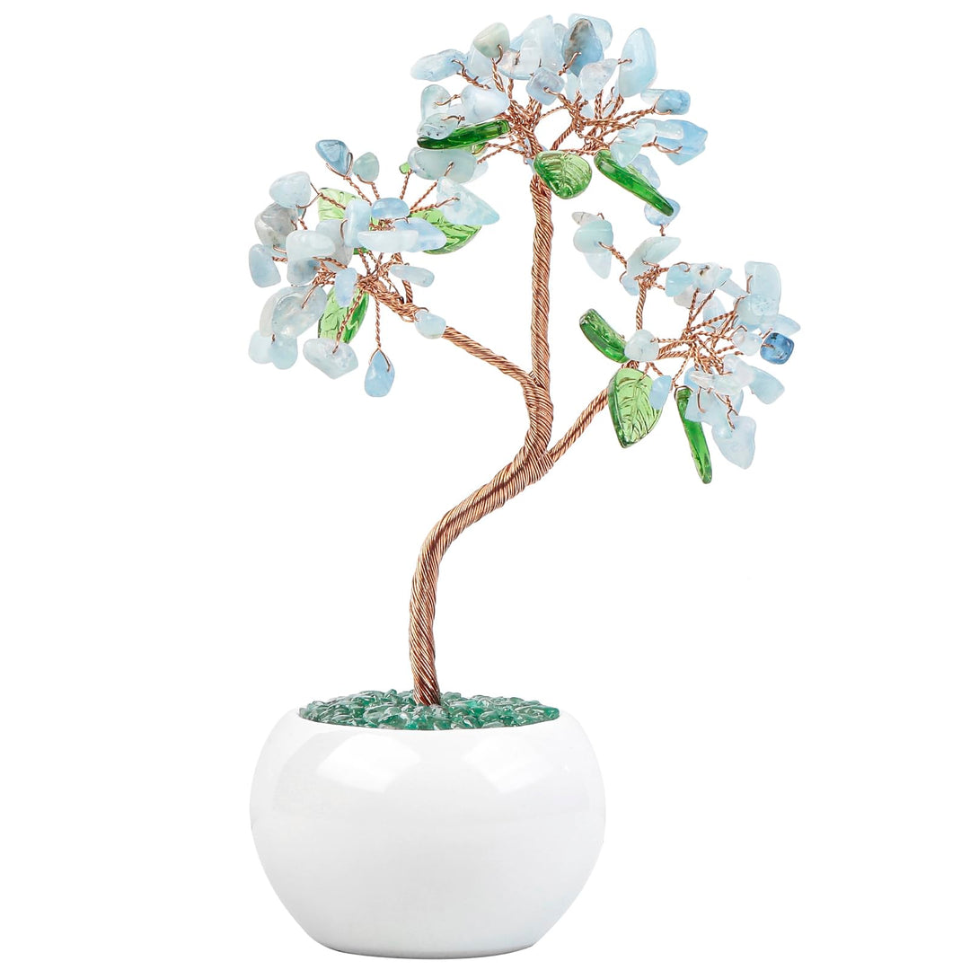 Nupuyai Aquamarine Kristall Baum Feng Shui Edelstein Baum mit Keramische Basis, Glücksbaum, Geldbaum