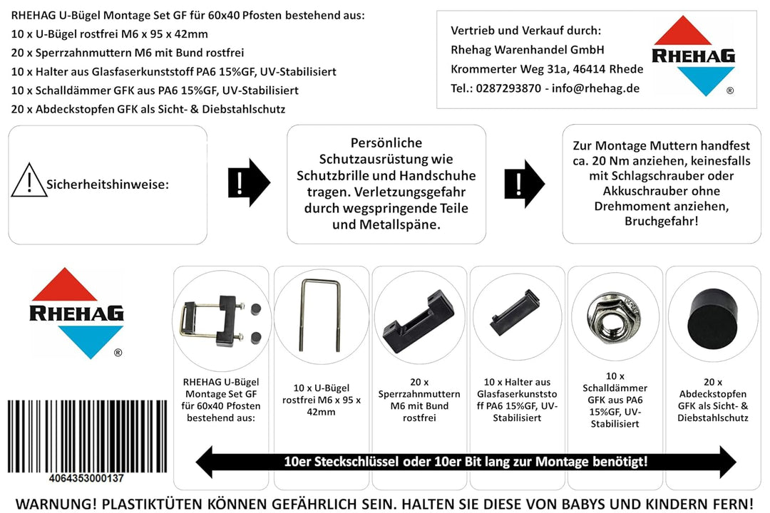 10er U-Bügel Montage Set GF 60x40 Pfosten Doppelstabmatte 10 Stück