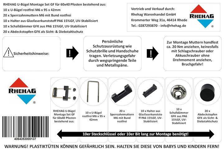 10er U-Bügel Montage Set GF 60x40 Pfosten Doppelstabmatte 10 Stück