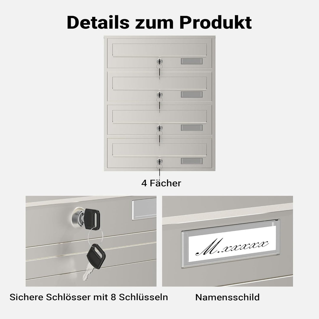 Wiltec 4er Briefkastenanlage Edelstahl 556 x 270 x 1500 mm, Standbriefkasten mit 4 Fächern, Schlüsse