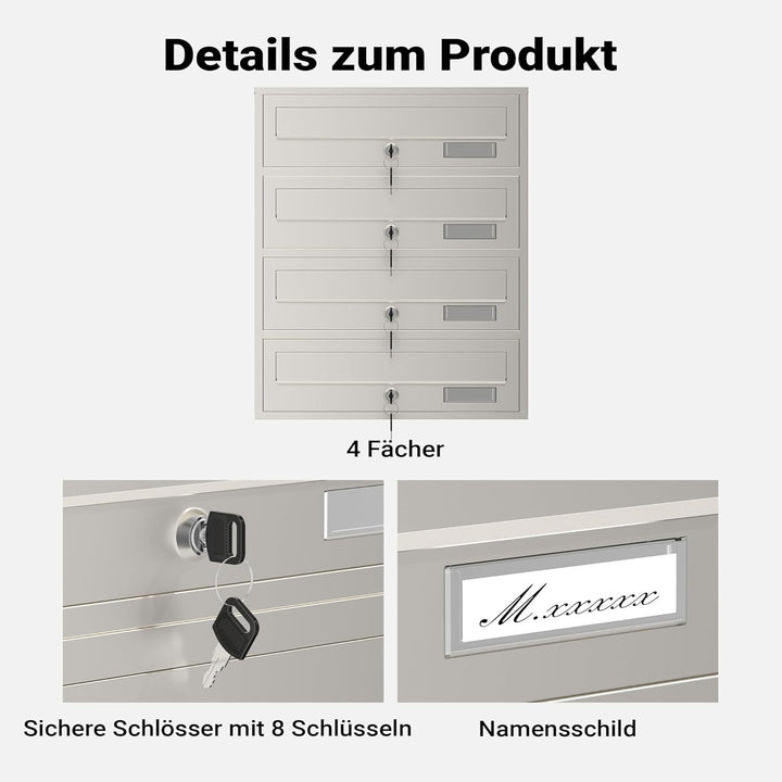 Wiltec 4er Briefkastenanlage Edelstahl 556 x 270 x 1500 mm, Standbriefkasten mit 4 Fächern, Schlüsse
