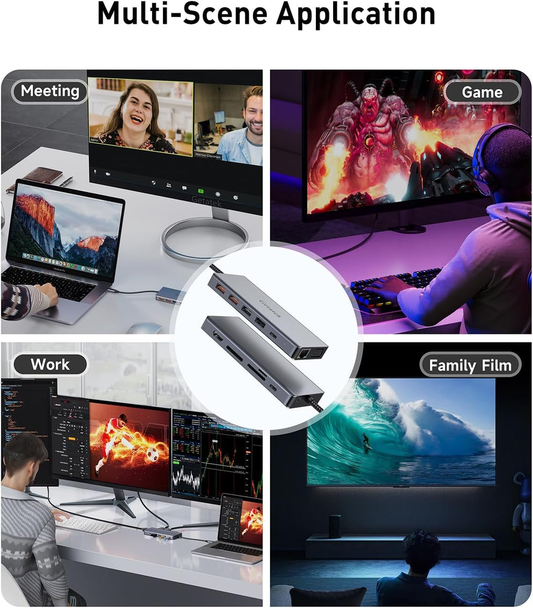 12-in-1 USB C Hub mit USB3.2 10Gbps Ports,USB-C10Gbps Port,USB2.0 Ports, 4K-HDMI, VGA,PD100W Chargin