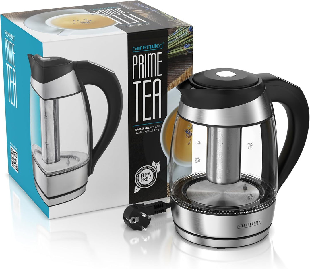 Arendo - Glas Wasserkocher mit Temperatureinstellung - mit Teesieb - Kabellos - 2200 W - 1,8L – Über
