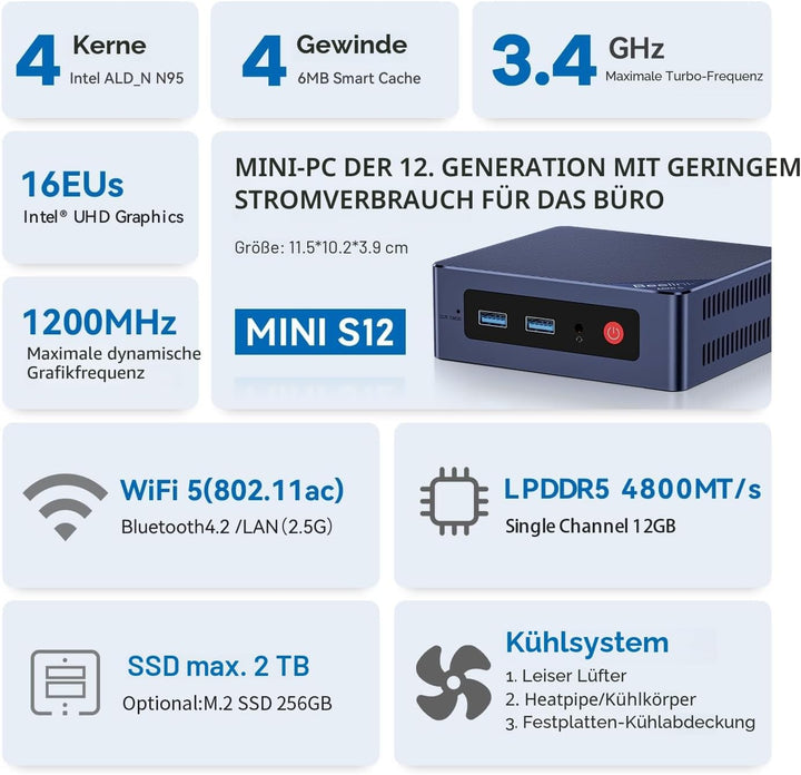 Beelink Mini PC mit Alder Lake N95 (Bis zu 3.4 GHz), 12 GB LPDDR5 RAM, 512 GB SSD, MINI S12 Computer