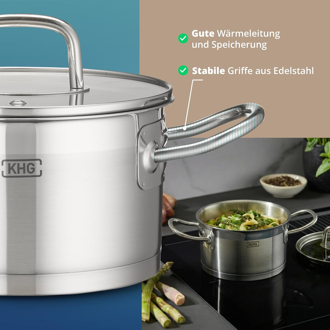 KHG Topf Kochtopf Fleischtopf 16 cm Induktion, Edelstahl unbeschichtet inkl. Glasdeckel | 9,5 cm hoh