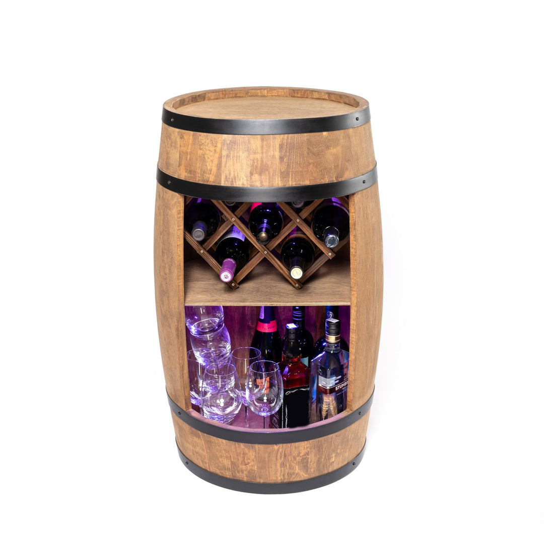 CREATIVE COOPER Fass bar mit Weinhalter - Weinregal LED RGB - Holzfass Hausbar 80x50cm - Rustikaler