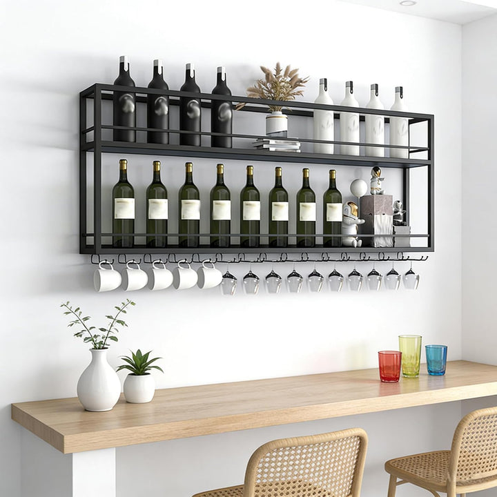 Industriell Wandmontierte Weinregal mit Glashalter, Schwarz Metallflaschenhalter Multi funktionaler