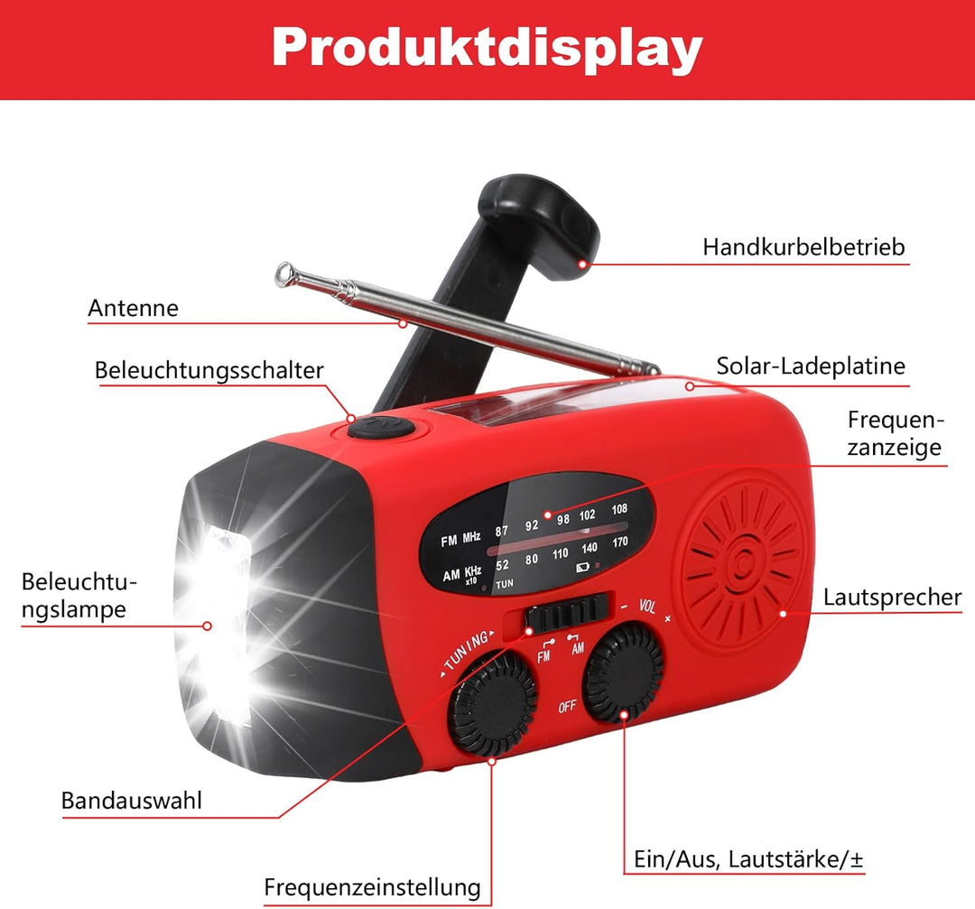 Kurbelradio,Notfallradio mit Kurbel und Solar,AM/FM/WB-Empfang,USB-Ladefunktion,LED-Beleuchtung,IP3X