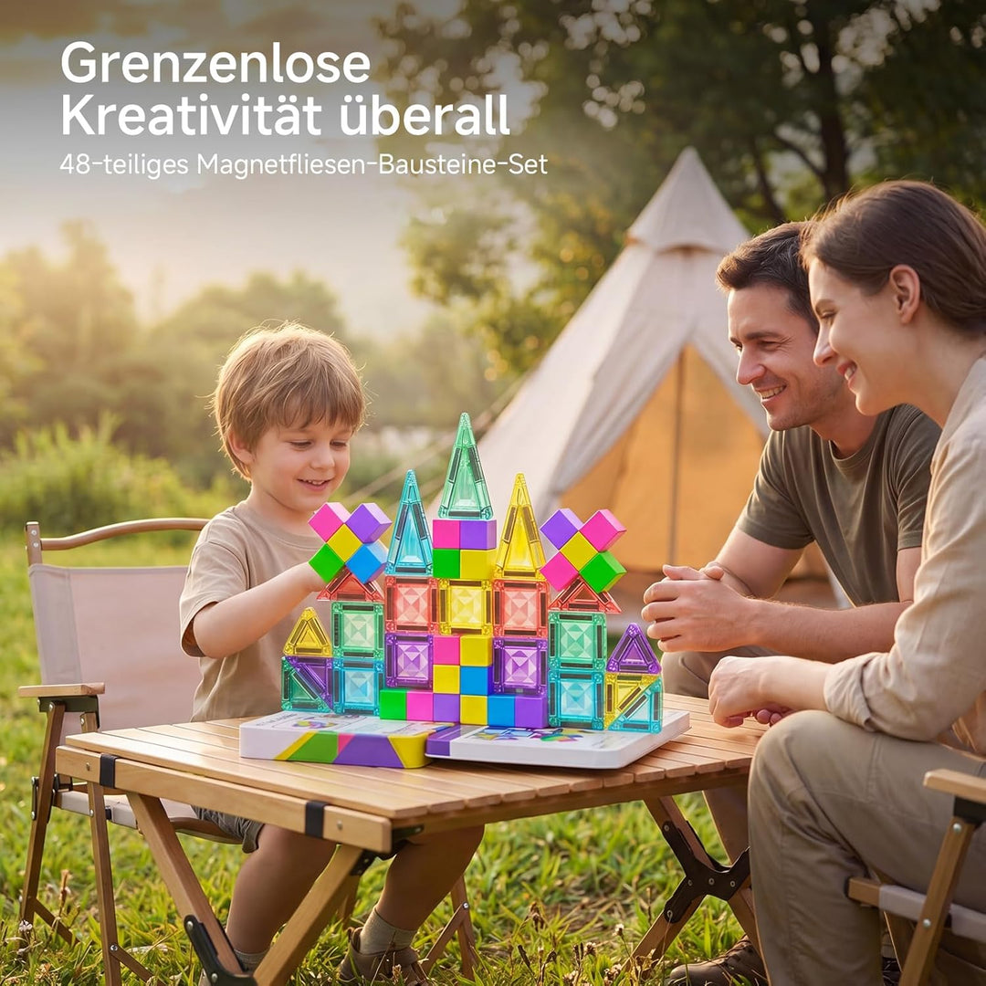 burgkidz Magnetbausteine und Magnetfliesen Reise-Set 48 Teile, 3-in-1-3,75 cm Magnetfliesen & 1,875