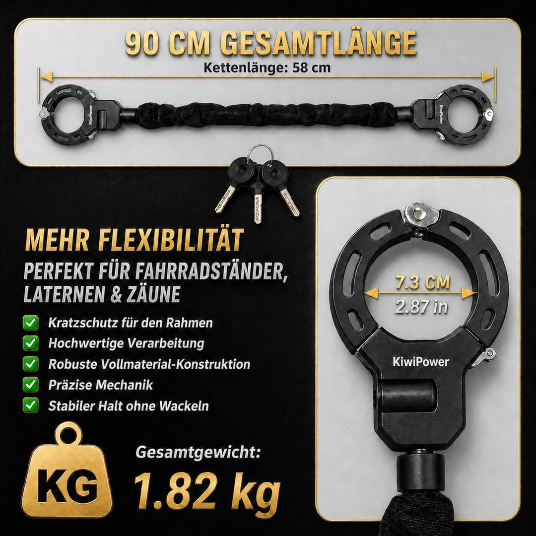 E Scooter Schloss mit Tasche, Handschellenschloss 90cm Kettenschloss 8mm, Diebstahlschutz für E Roll