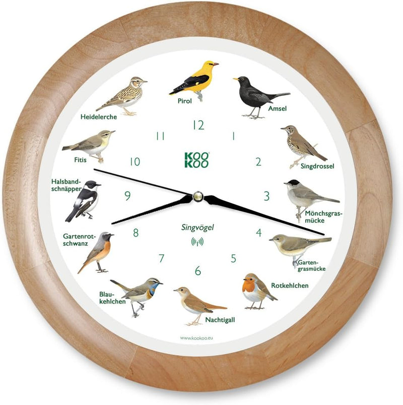 KOOKOO Singvögel Holz, Die Singende Vogeluhr, mit 12 heimischen Singvögeln und echten, natürlichen V