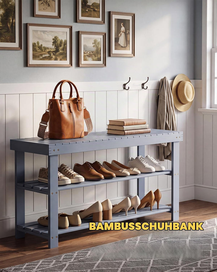 SMIBUY Schuhbank, Schuhregal aus Bambus, Schuhschrank mit Sitzbank, Schuhständer mit 3 Ablagen, Stab
