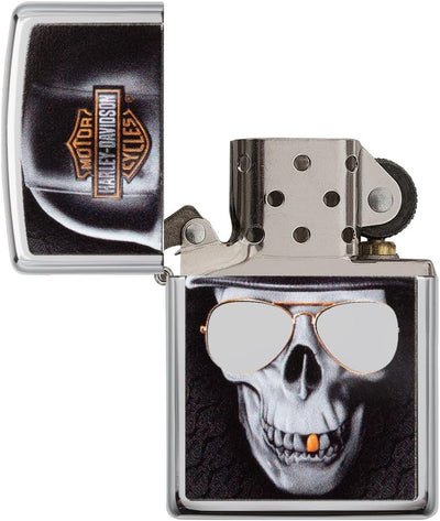 Zippo Sturmfeuerzeug mit Totenkopf-Motiv, Unisex, mit Sonnenbrille, goldfarbener Zahn, Chrom, regulä