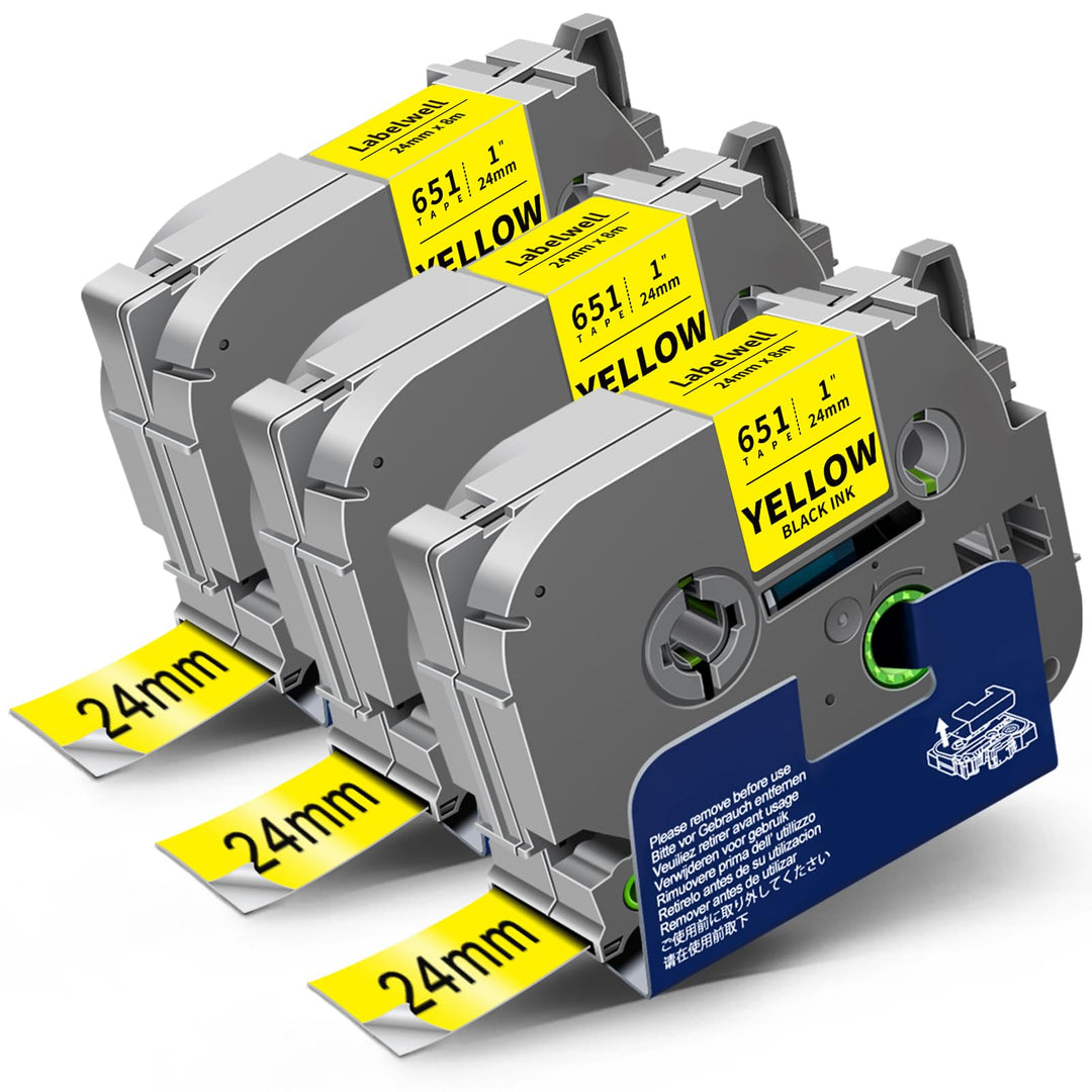 3x Labelwell 24mm x 8m kompatibel Schriftband für Brother TZe-651 TZe651 Schwarz auf Gelb Bänder für