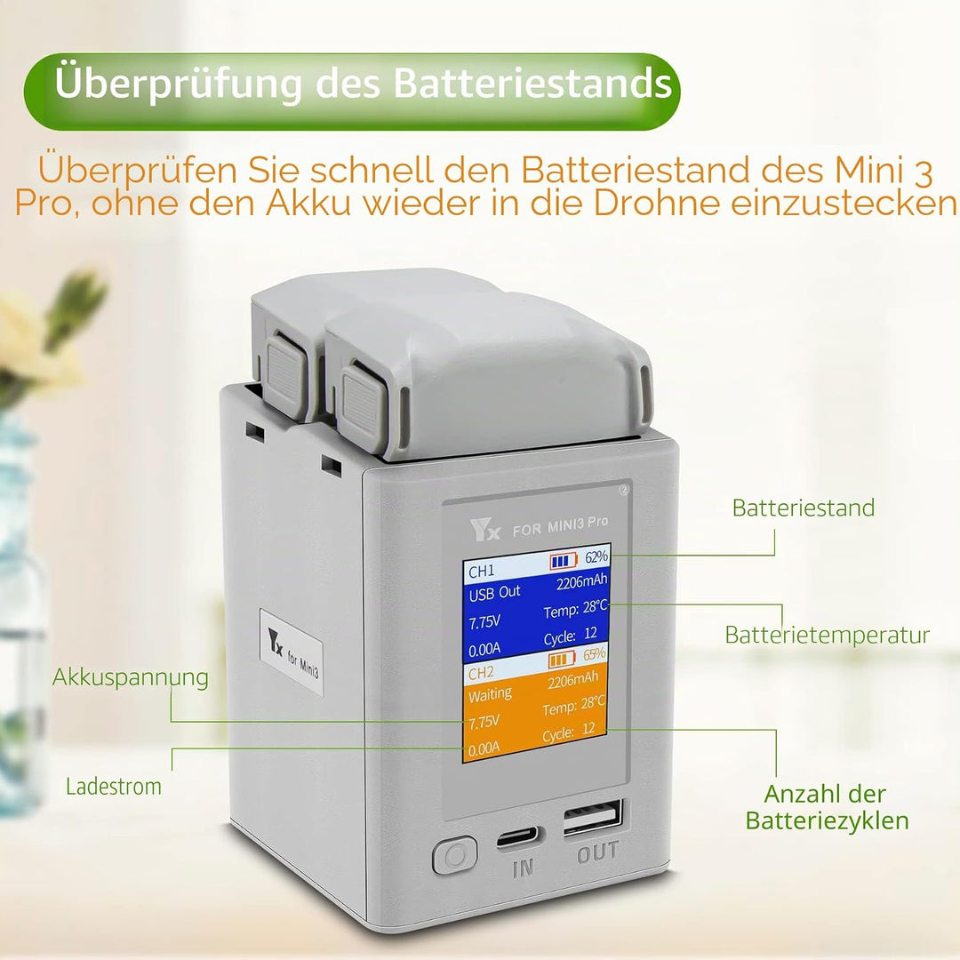 LYONGTECH LCD Akku Ladegerät für DJI Mini 3,Mini 4/3 Pro Drohne,Parallel Akkuladestation, Charger Hu