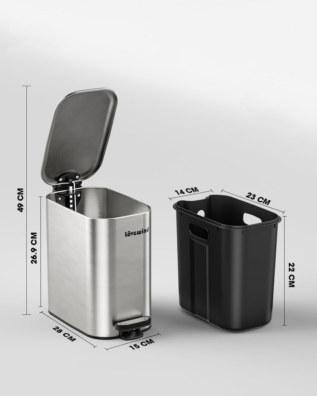 lovewind 6L Badezimmer Mülleimer, schmaler silberner Treteimer zum Platzsparen, kleiner Mülleimer fü
