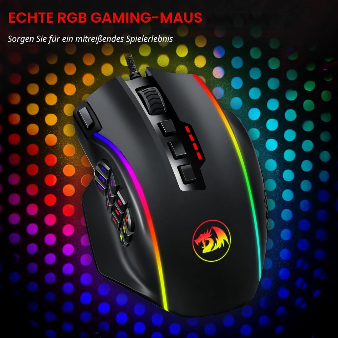 Redragon Optische RGB MMO Maus mit 12 Seitentasten,kabelgebundene Gaming Maus mit 12400DPI,8 * 2.4g