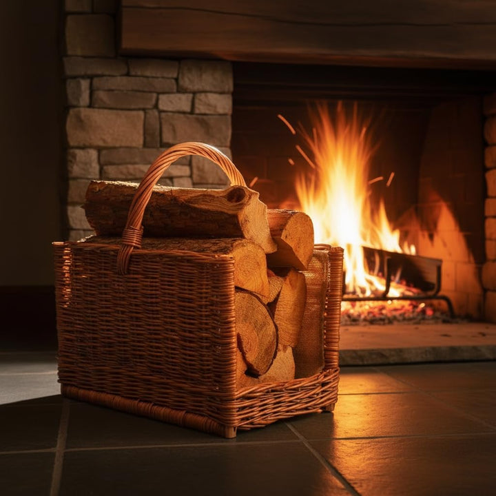 BOGATECO Weidenkorb mit Griff quadratisch | Kaminkorb 45X30X30 | Handgewebt | Mit Jute ausgekleidete