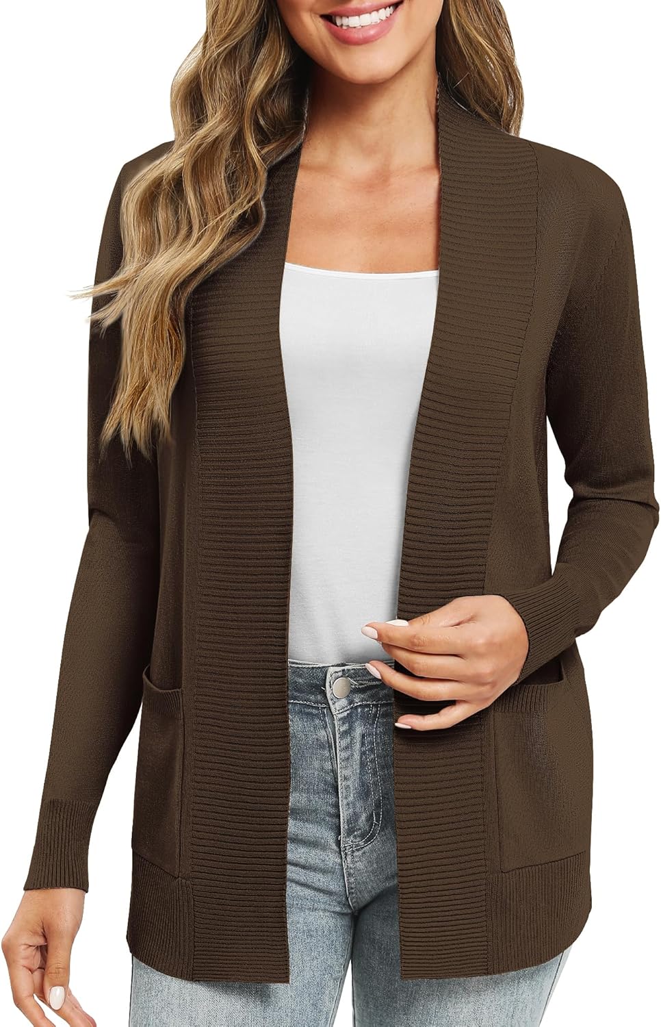EXCHIC Leicht Damen Lange Ärmel V-Ausschnitt Lange Gestrickt Cardigan Gemütlich Offene Front Strickj