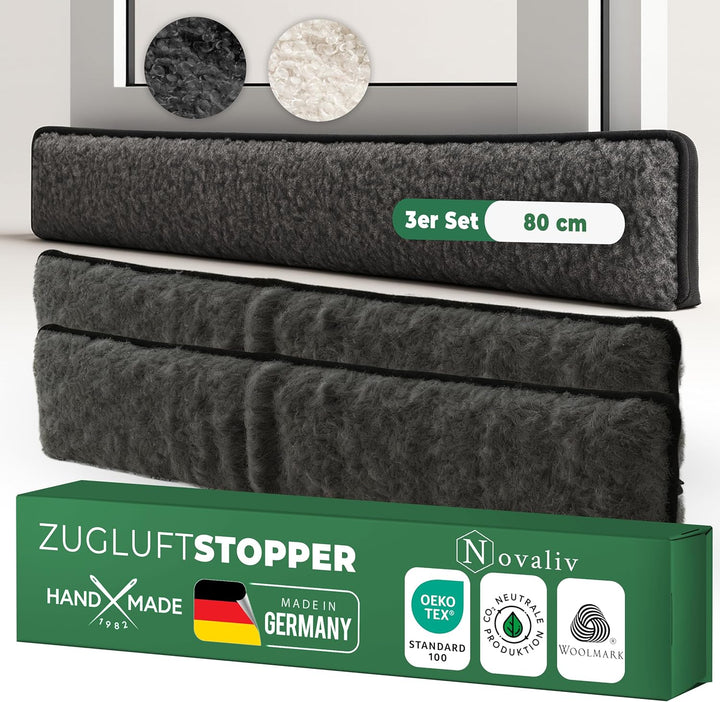 Zugluftstopper für Türen 80cm Anthrazit Schurwolle – stoppt Zugluft & Kälte, dämpft Lärm/Staub/Licht