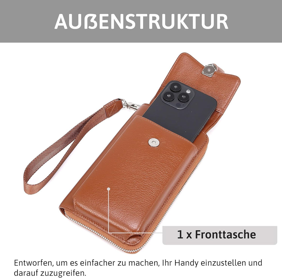 Pearl Angeli Weiches Echtes Leder Handy Umhängetasche - Handytasche Geldbörse Damen RFID Schutz klei