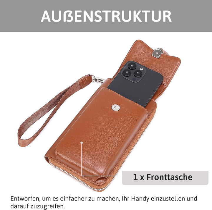Pearl Angeli Weiches Echtes Leder Handy Umhängetasche - Handytasche Geldbörse Damen RFID Schutz klei