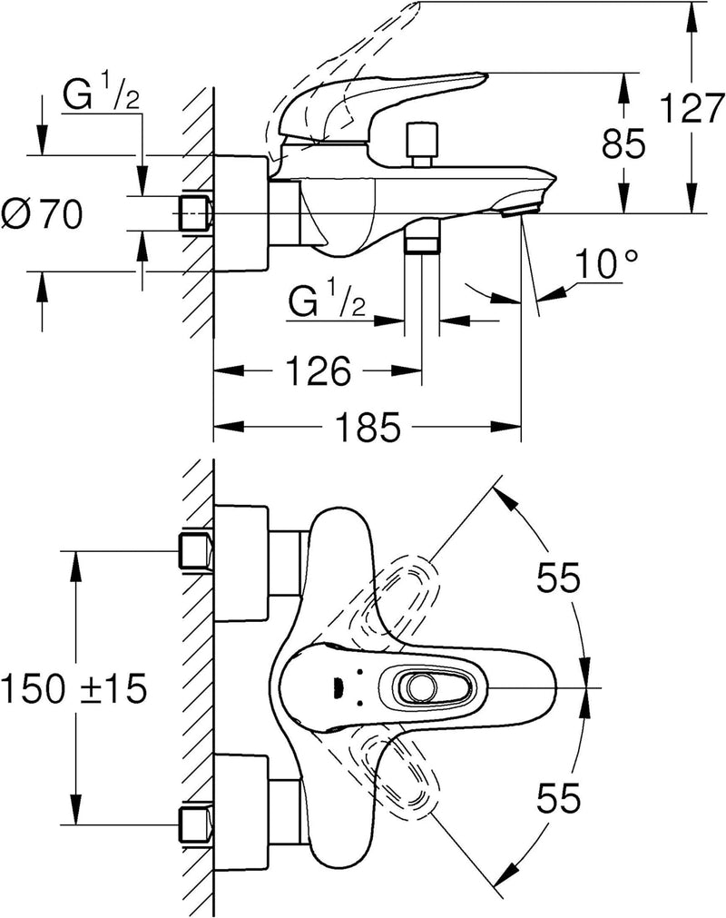 GROHE Eurostyle - Einhand- Wannenbatterie (Wandmontage, mit Temperaturbegrenzer, variable Mengenbegr