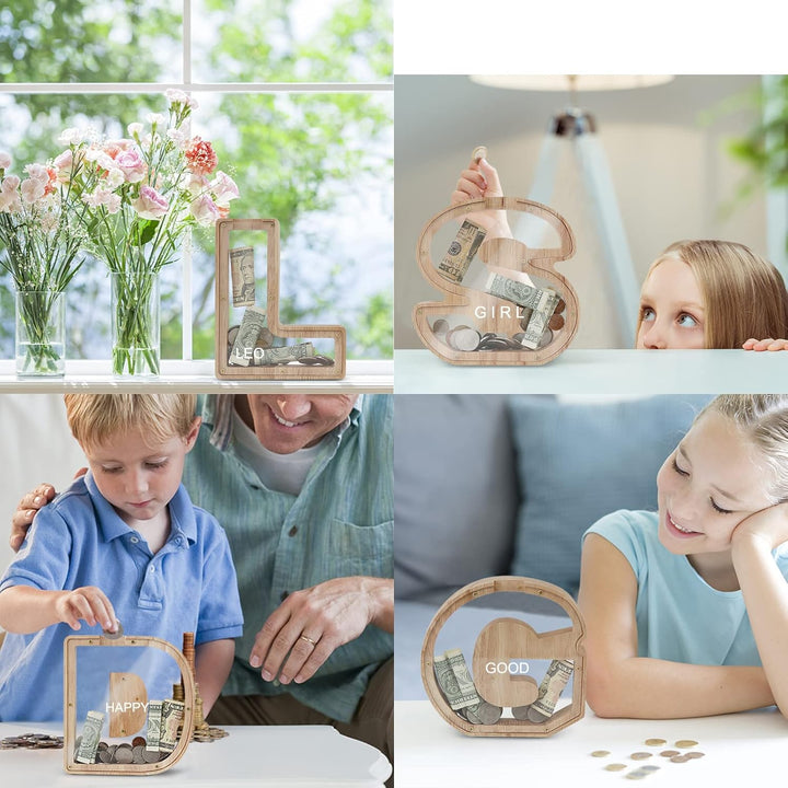 DBPBToU Spardose aus Holz Buchstaben, Sparschwein Durchsichtig für Kinder, Sparbox Personalisierte,