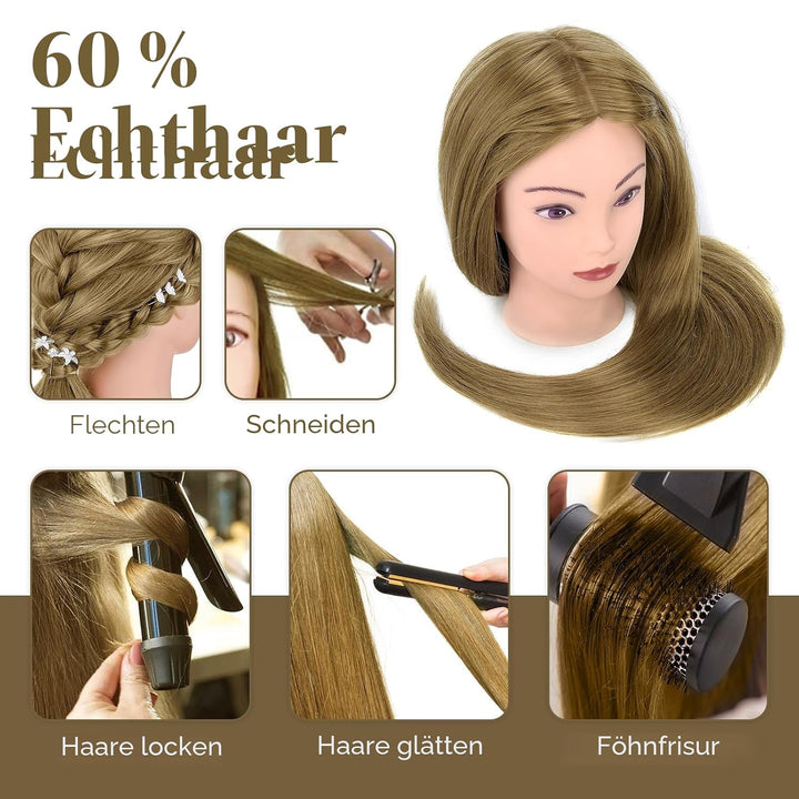 Frisierkopf mit Übungskopf ständer,71cm 60% Frisierkopf Echthaar,Puppenkopf zum Frisieren,Trainingsk