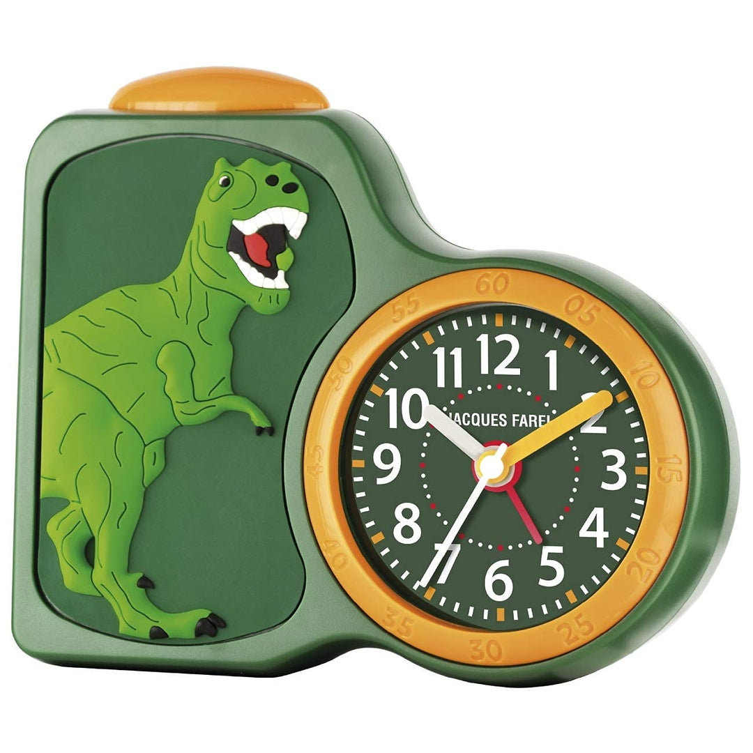 JACQUES FAREL Kinder-Wecker Jungen 3D Dinosaurier Grün Gelb Analog Quarz ohne Ticken mit Licht und S