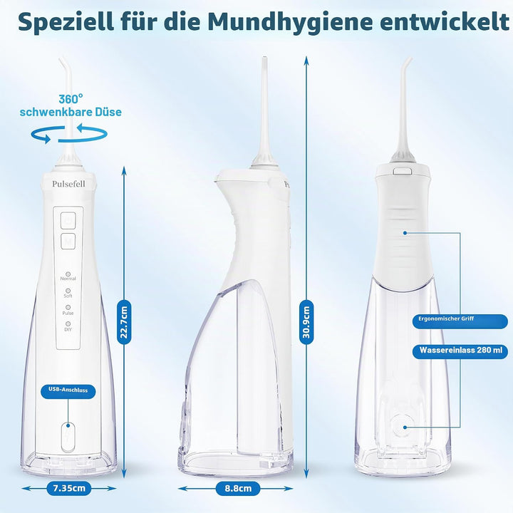 Oral Irrigator Professionell Kabellos, 300 ML Wiederaufladbare Wasserzahnreiniger mit 4 Düsen und 4