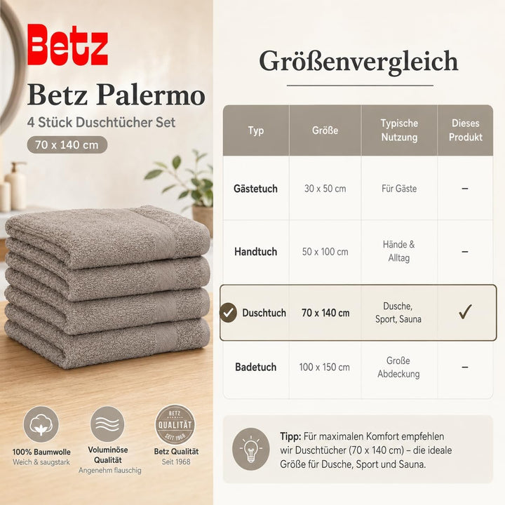 Betz Palermo Duschtücher – 4X Duschtuch aus 100% Baumwolle - Badetuch – Saunatuch –Liegetuch - 70 x