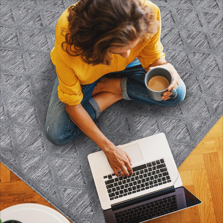 payé Teppich Wohnzimmer - Anthrazit 150x150cm - Raute Optik - Teppiche für Balkon Terrasse Garten -