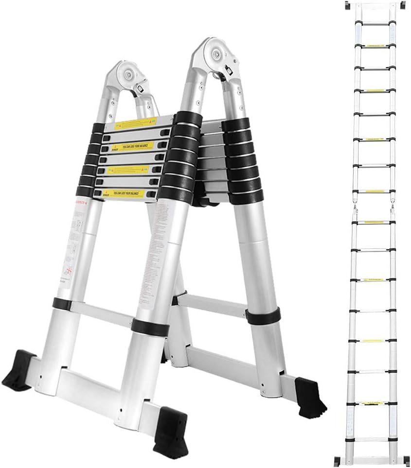 Herrselsam 5M Teleskopleiter Klappleiter Aluminium, Rutschfester Aluleiter Stehleiter Mehrzweckleite