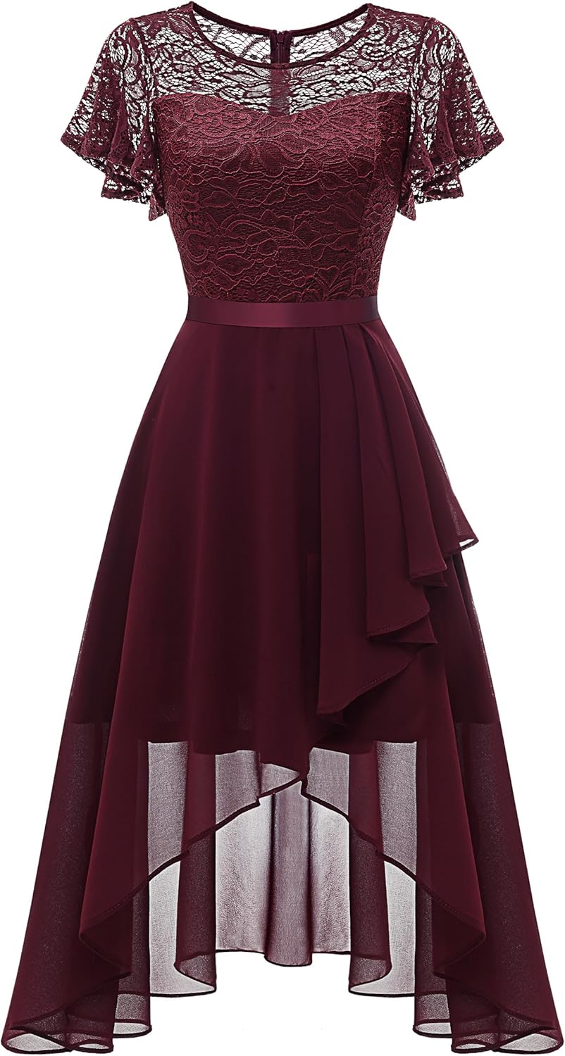 Wedtrend Abendkleid Damen Elegant für Hochzeit High Low Cocktailkleid Chiffonkleid mit Spitzen A Lin